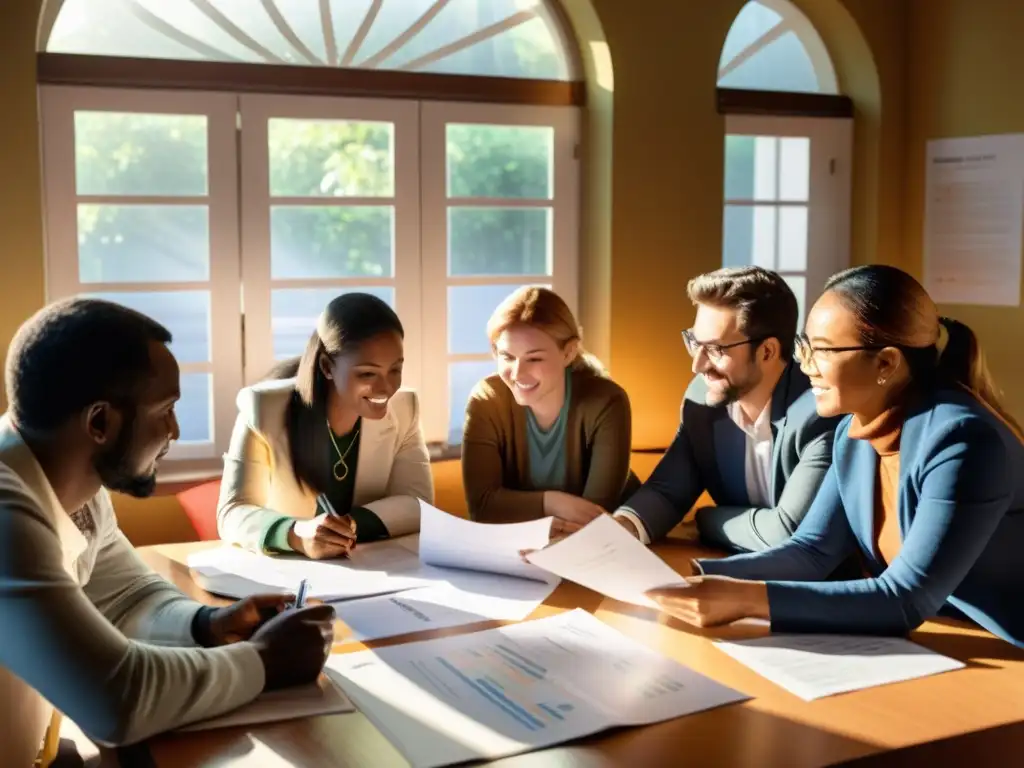 Un grupo de investigadores y voluntarios de una ONG reunidos alrededor de una mesa llena de documentos y gráficos, inmersos en una animada discusión