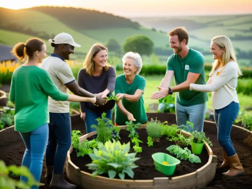 Un grupo colabora para construir un jardín sostenible en una aldea rural al atardecer