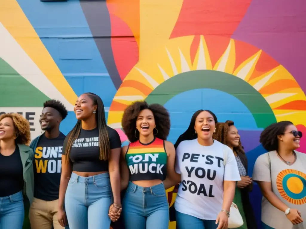 Un grupo de jóvenes activistas diversos frente a un mural colorido, con expresiones apasionadas y determinación en sus ojos