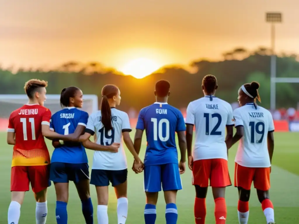 Un grupo de jóvenes atletas de diferentes países unidos en un campo de fútbol al atardecer, demostrando unidad y esperanza