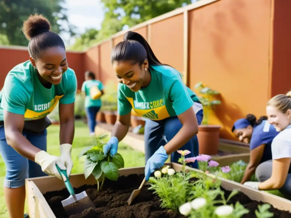 Grupo de jóvenes voluntarios renovando un centro comunitario, pintando y plantando flores, con sonrisas y determinación