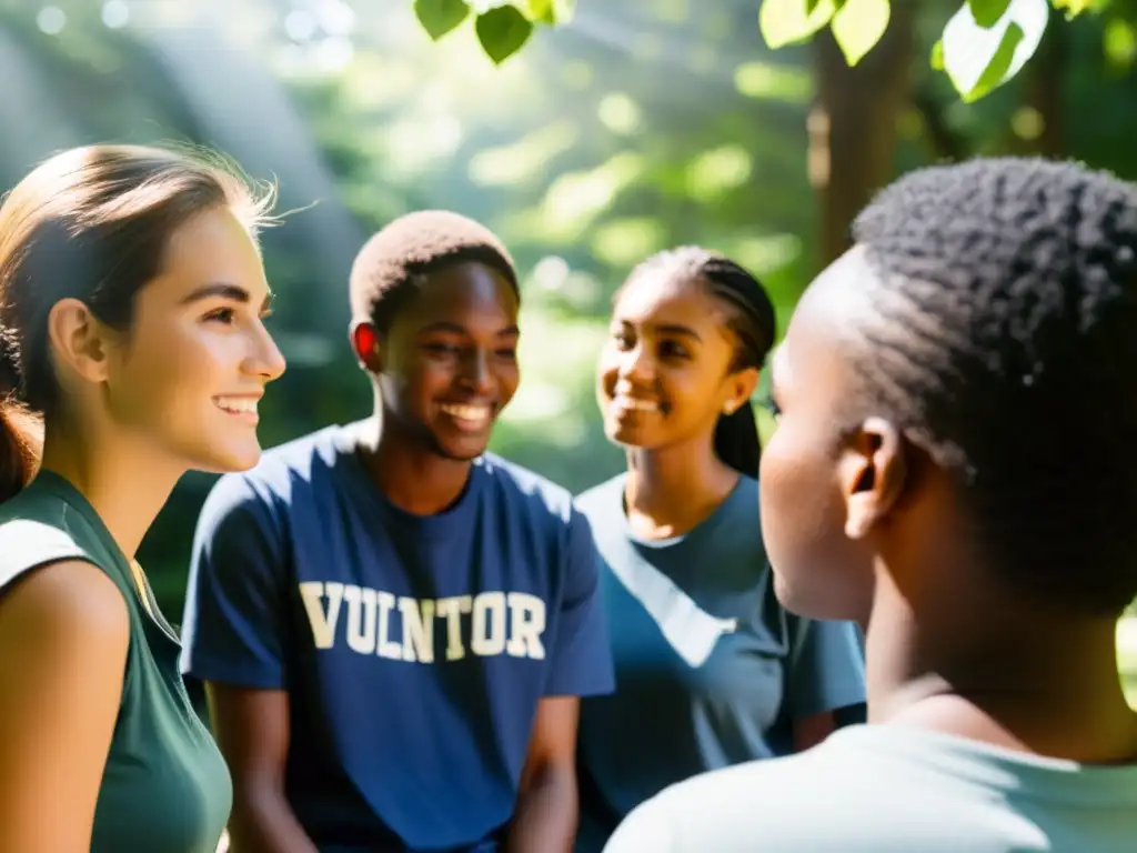 Un grupo de jóvenes voluntarios en círculo, discutiendo con un mentor bajo la luz del sol