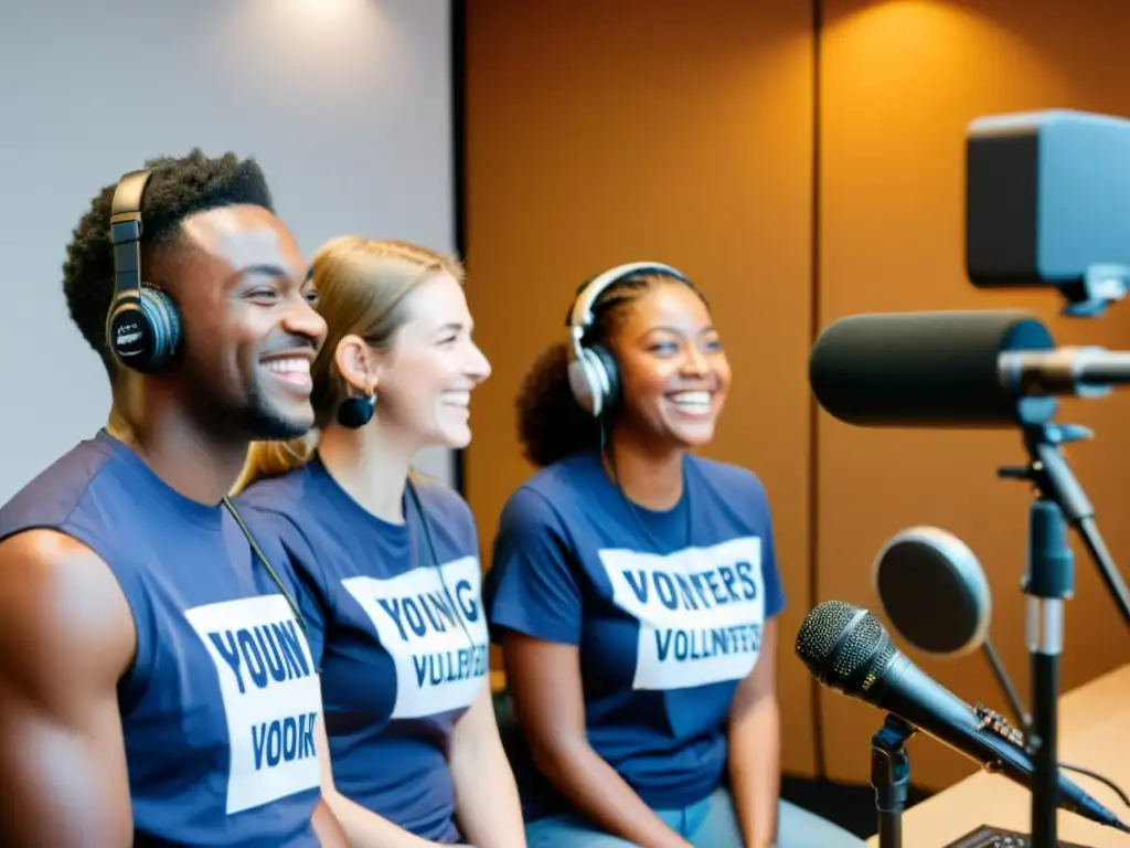 Un grupo de jóvenes voluntarios entusiastas grabando un episodio de podcast en un estudio acogedor y cálido, transmitiendo pasión y energía