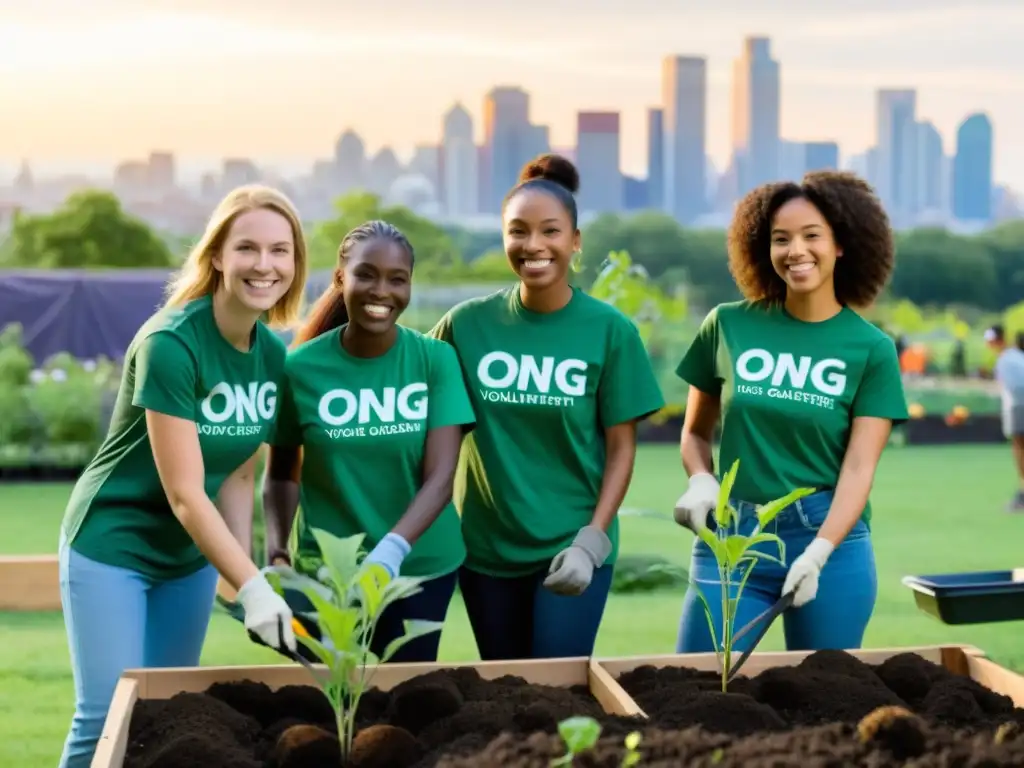 Un grupo de jóvenes voluntarios trabajando juntos en un jardín comunitario sostenible en la ciudad, para involucrar jóvenes en proyectos ONG