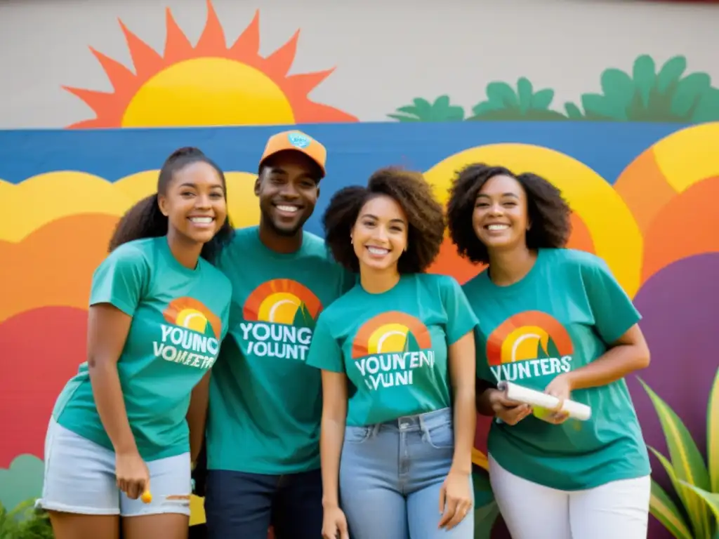 Un grupo de jóvenes voluntarios sonrientes, trabajando juntos para embellecer un espacio comunitario
