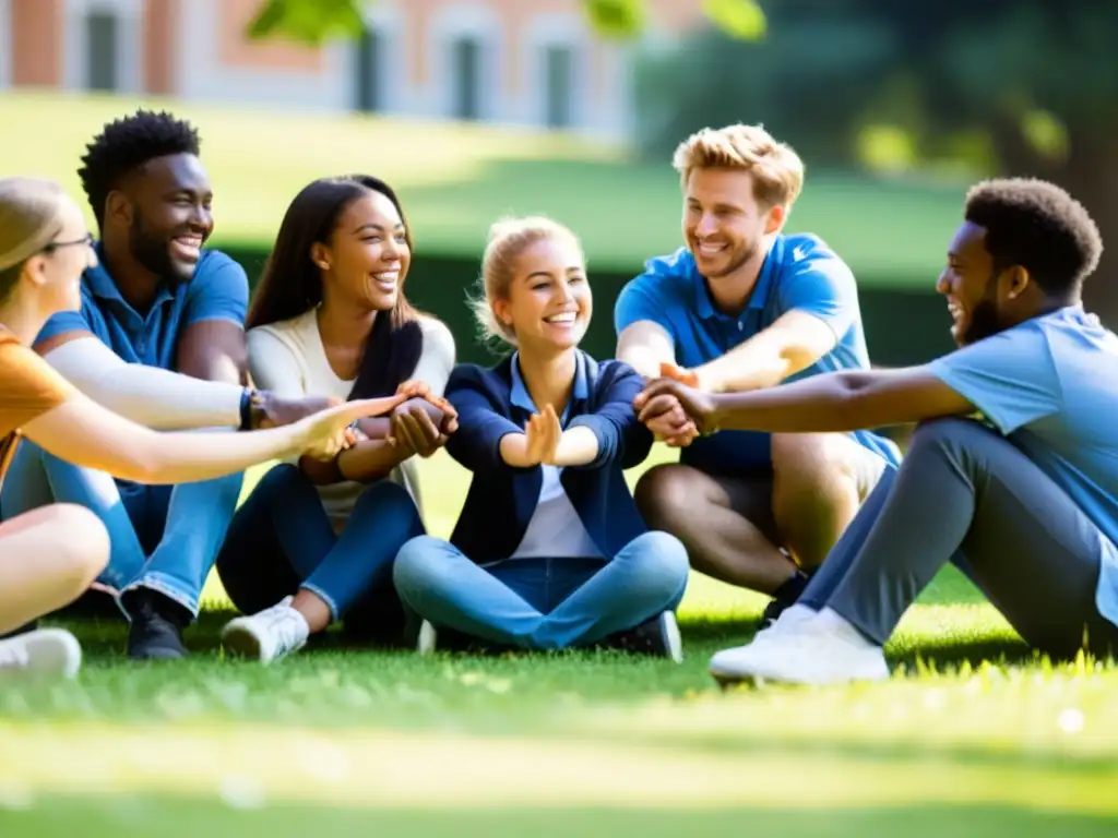 Un grupo de jóvenes voluntarios participa en un taller de liderazgo al aire libre, formando una cadena humana en el césped bajo el sol