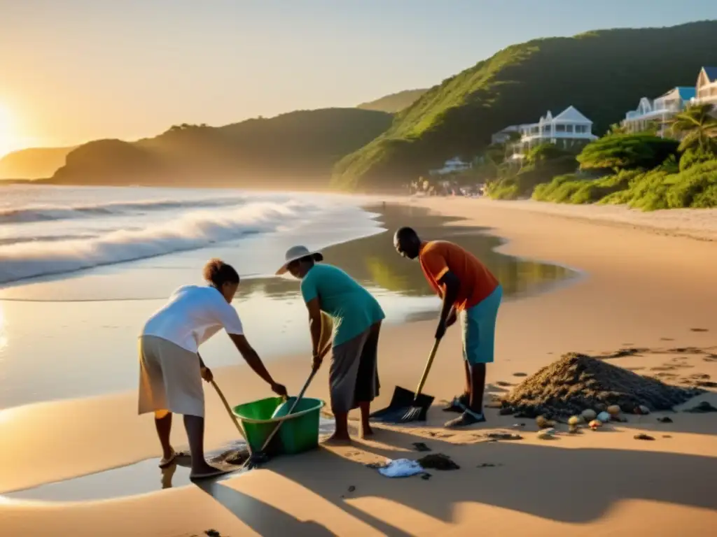 Grupo limpia playa al atardecer, uniendo comunidad y turismo sostenible desarrollo comunitario