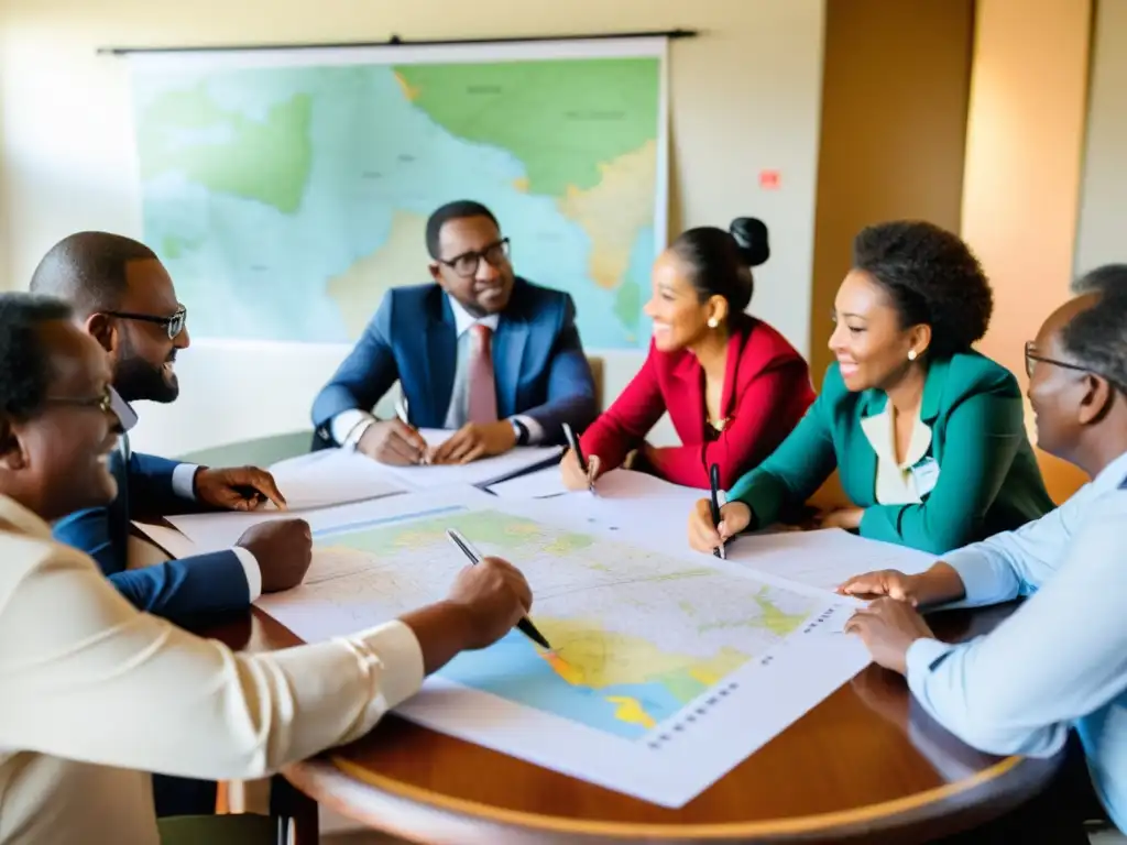 Un grupo se reúne alrededor de una mesa, discutiendo proyectos de desarrollo comunitario con mapas y documentos