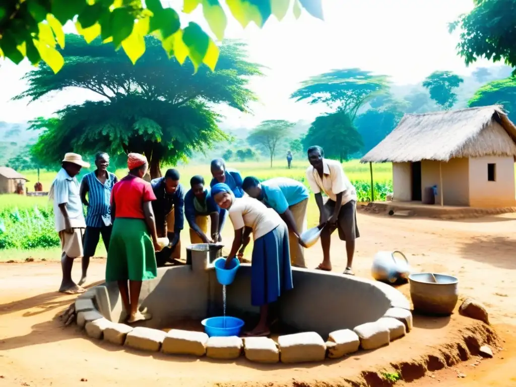 Un grupo de miembros de la comunidad en una aldea rural trabaja unidos en la construcción de un pozo de agua