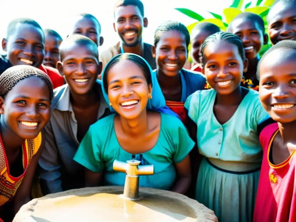 Un grupo de miembros de la comunidad se reúne alrededor de un pozo de agua recién instalado en su aldea, reflejando esperanza y transformación