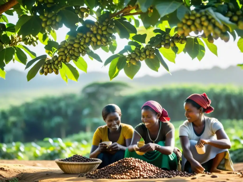 Un grupo de mujeres agricultoras en una cooperativa rural inspecciona con cuidado granos de café recién cosechados bajo la sombra de un árbol