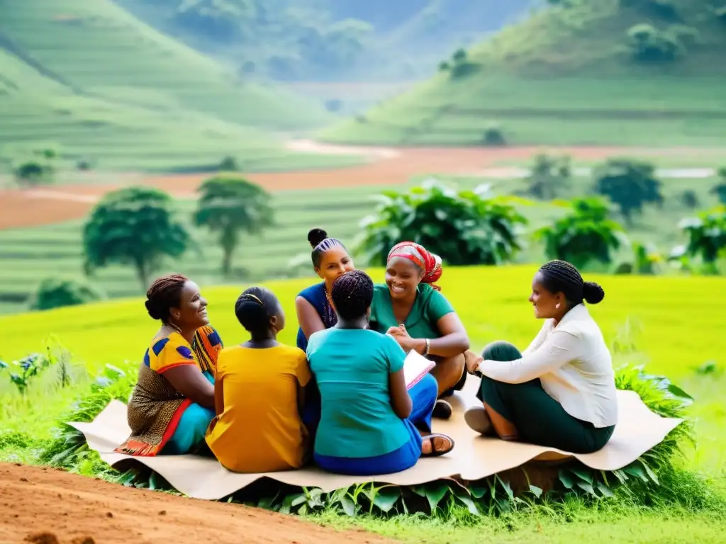 Grupo de mujeres en comunidad rural, discutiendo estrategias de empoderamiento y gestión de proyectos