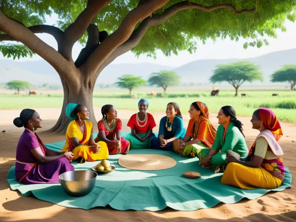 Grupo de mujeres en comunidad rural, compartiendo ideas bajo un árbol