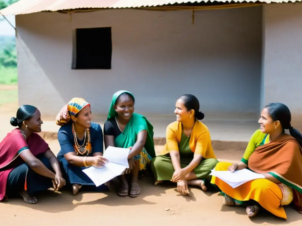 Un grupo de mujeres en una comunidad rural, compartiendo ideas y aspiraciones con un representante de microfinanzas para emprendedores sociales