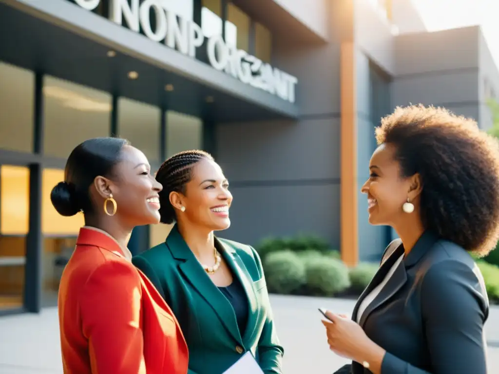 Un grupo de mujeres diversas en atuendo profesional, intercambiando ideas frente a una organización sin fines de lucro