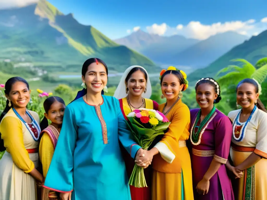 Un grupo de mujeres y niñas diversas, unidas y sonrientes en un entorno armonioso y empoderador