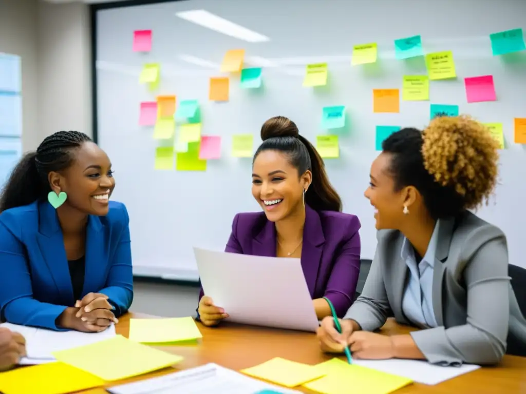 Grupo de mujeres sonrientes en una oficina, revisando documentos financieros y estrategias para financiamiento por resultados ONG