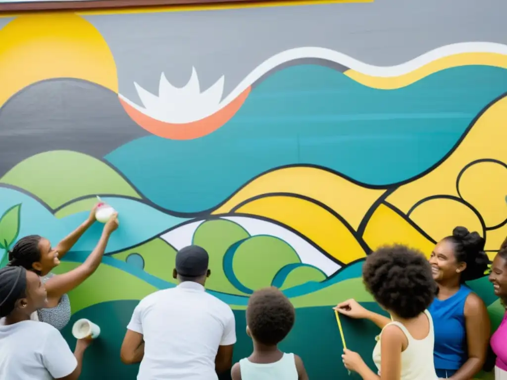 Grupo pintando mural en comunidad urbana, reflejando la evaluación de impacto proyectos culturales con colaboración y alegría