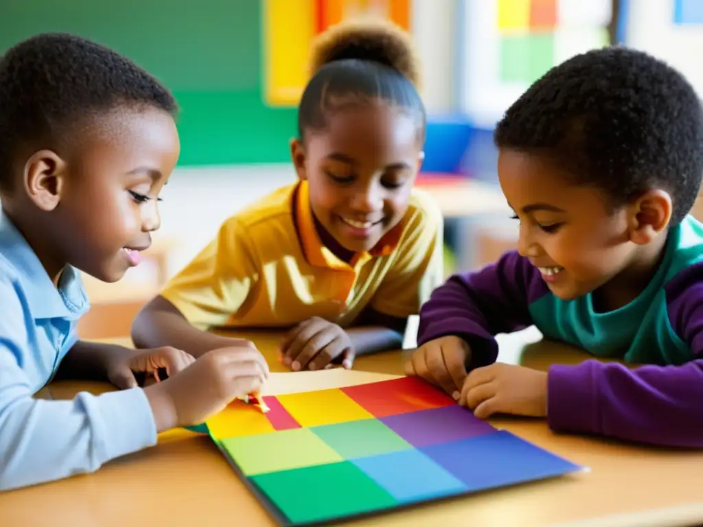 Un grupo de niños participa en una actividad educativa con materiales coloridos en un aula iluminada naturalmente