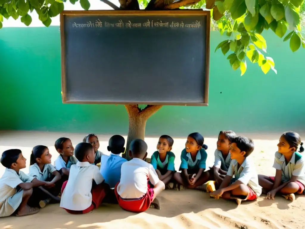 Grupo de niños de una aldea rural recibiendo una lección de un profesor voluntario de una ONG bajo un árbol