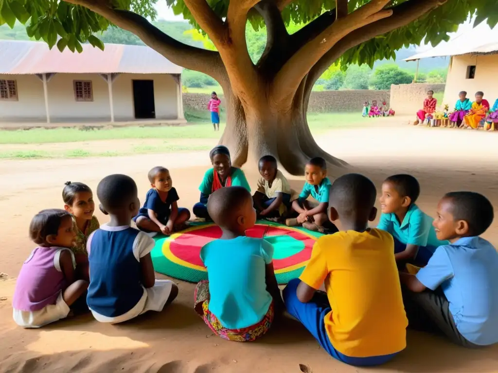 Un grupo de niños en una aldea rural, escuchando cuentos bajo un árbol