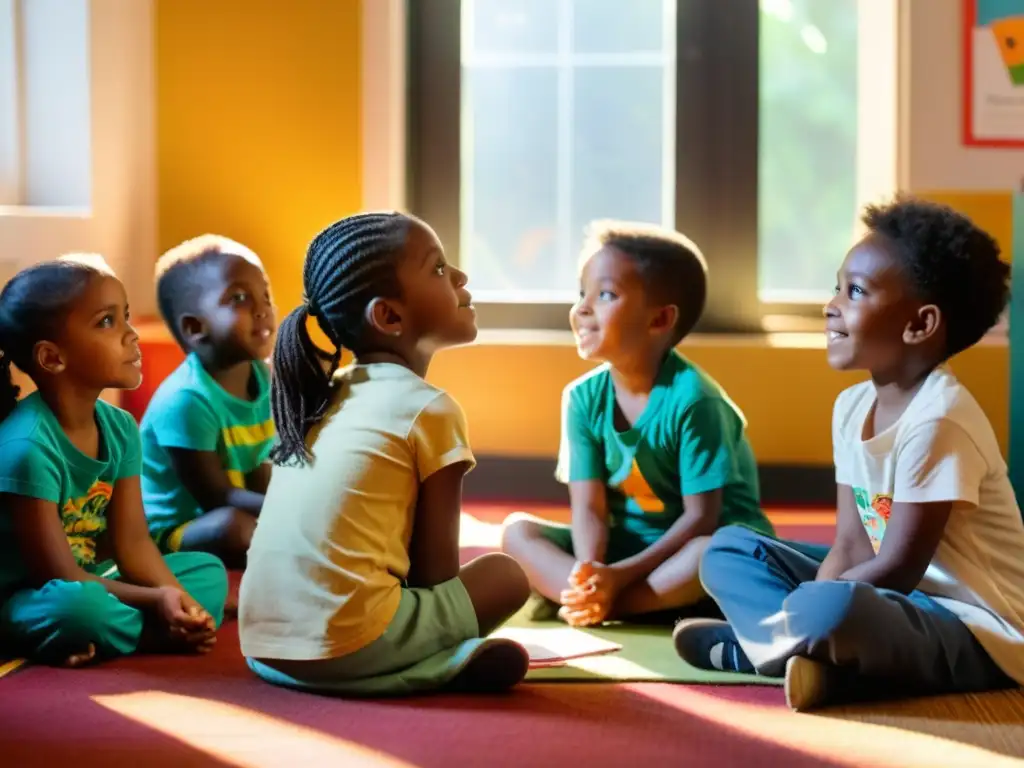 Un grupo de niños escuchando con asombro a un cuentacuentos en una habitación cálidamente iluminada