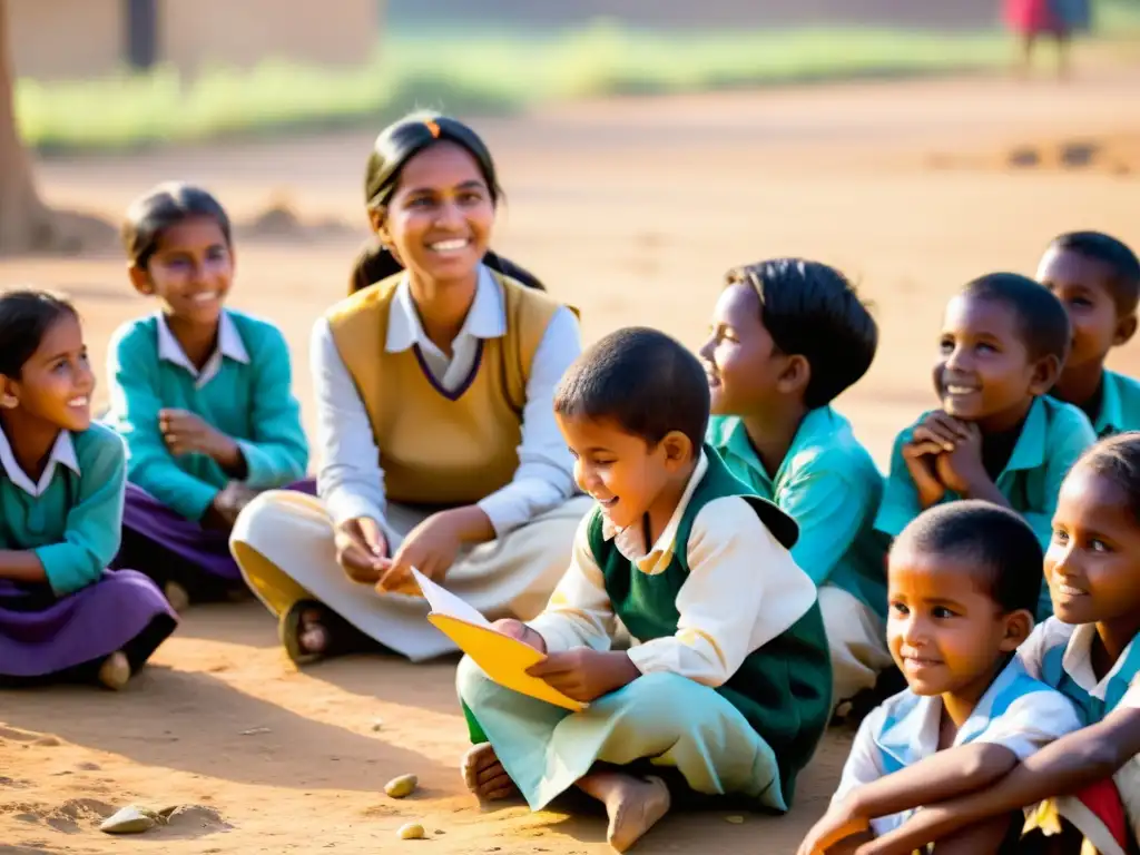 Grupo de niños en clase al aire libre con maestra apasionada, mejorando educación en comunidad rural