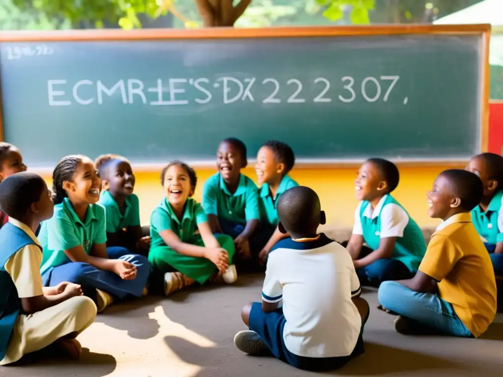 Grupo de niños en comunidad desfavorecida participa activamente en sesión educativa al aire libre, mejora educación ONGs análisis datos