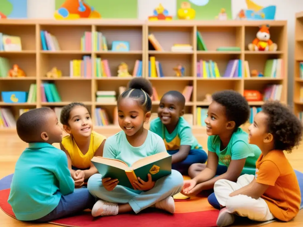 Un grupo de niños escucha atentamente a un cuentacuentos con un libro ilustrado, creando una atmósfera cálida y acogedora