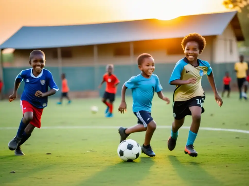 Un grupo de niños de distintas edades y orígenes juega al fútbol en un campo improvisado en un barrio de bajos recursos