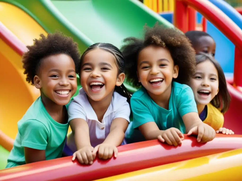 Un grupo de niños de diferentes etnias juegan felices en un colorido parque, mostrando la importancia del color en ONGs