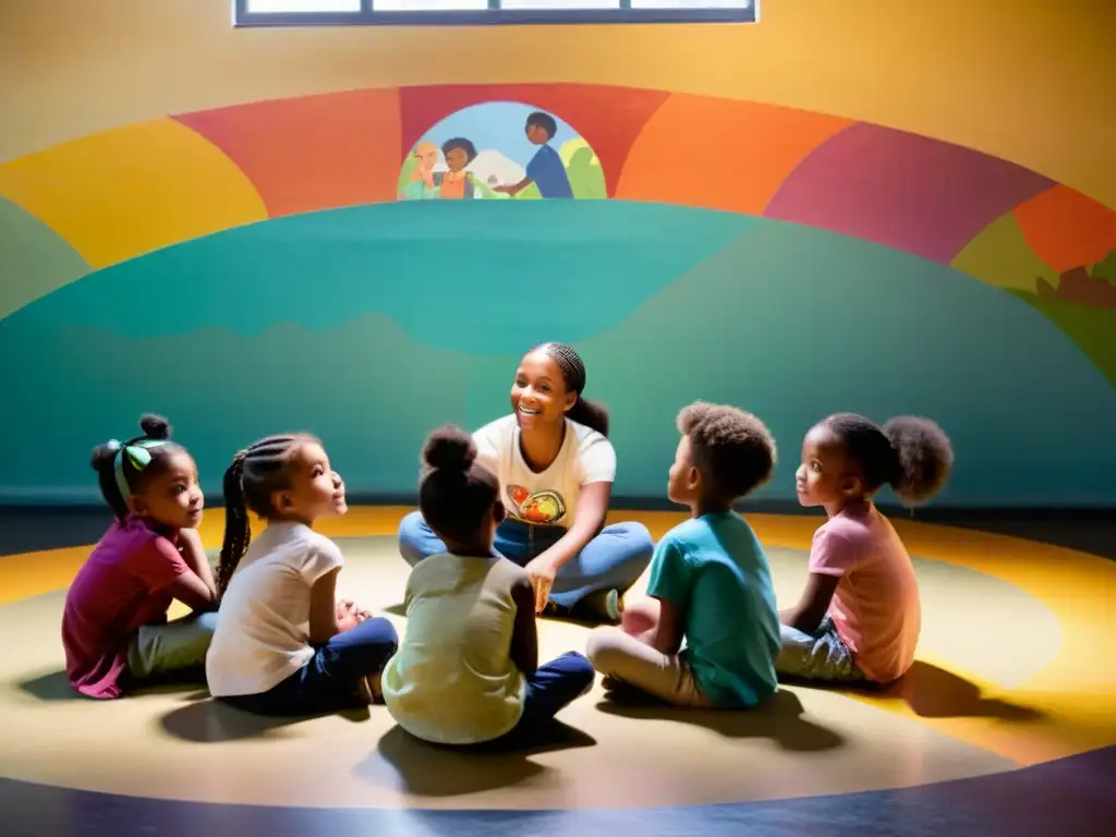 Grupo de niños escuchando atentamente a una mujer mientras cuenta una historia cautivadora en una habitación tenue