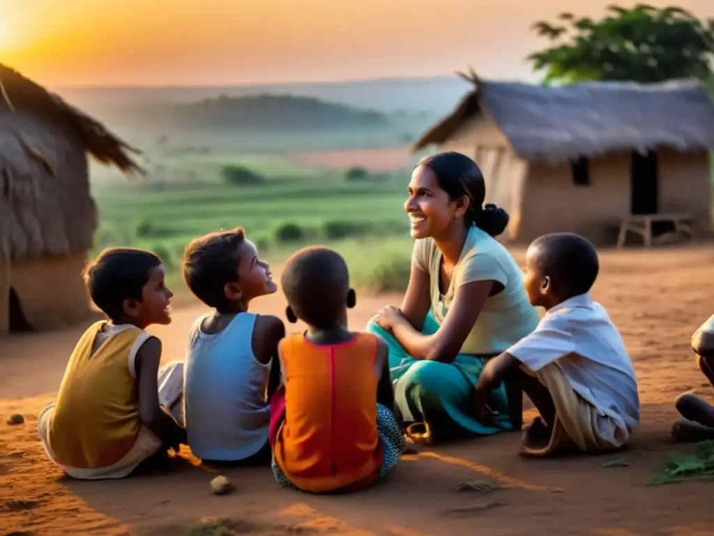 Un grupo de niños escuchando atentamente a un narrador en una aldea rural al atardecer, creando historias impactantes para ONGs