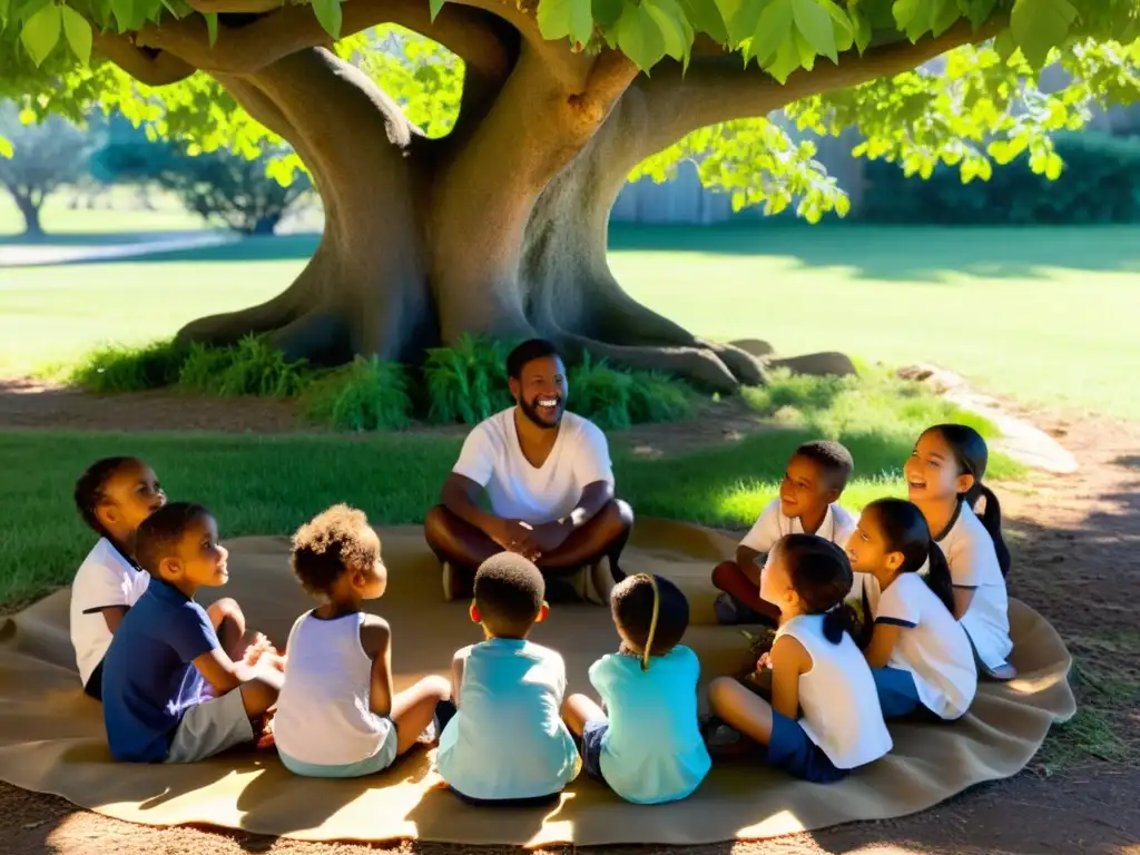 Grupo de niños escuchando atentamente a un narrador bajo un árbol