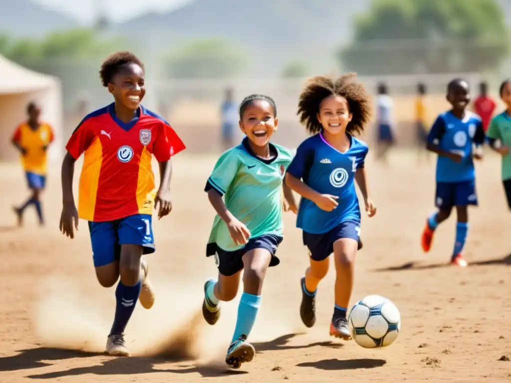 Un grupo de niños de distintos orígenes juega al fútbol en un campo polvoriento y bañado por el sol