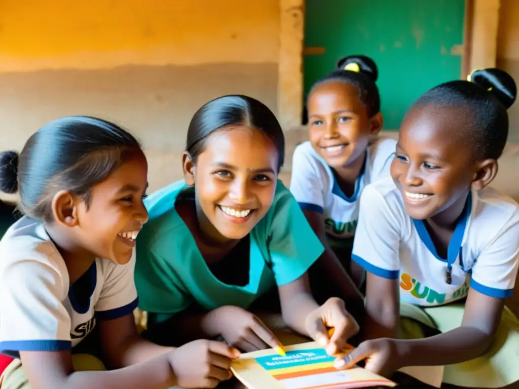 Un grupo de niños sonrientes participa en una actividad educativa, rodeados de materiales coloridos, bajo el cálido sol