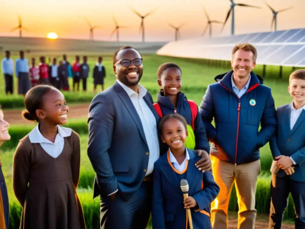 Un grupo de niños sonrientes en una aldea rural, rodeados de paneles solares y turbinas eólicas, mientras el sol se pone en el fondo