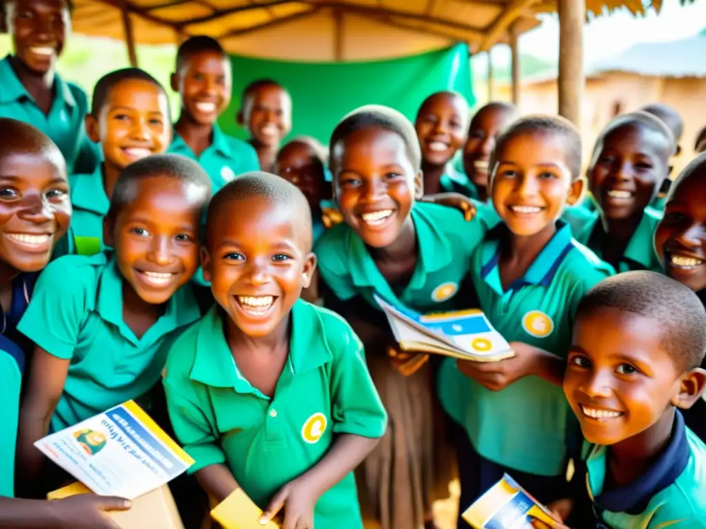 Un grupo de niños sonrientes en una aldea rural recibe materiales educativos y suministros gracias a criptodonaciones para proyectos sociales