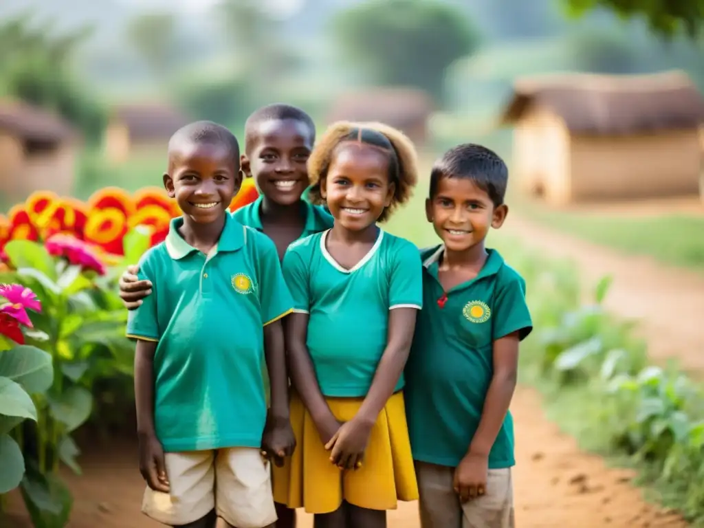 Un grupo de niños sonrientes en una aldea rural, rodeados de naturaleza exuberante, transmitiendo esperanza