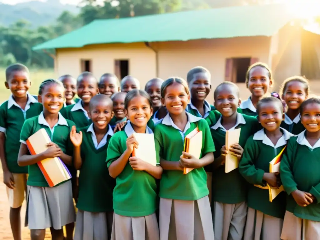 Un grupo de niños sonrientes en una aldea rural, frente a una escuela recién construida, rodeados de miembros de la comunidad y voluntarios