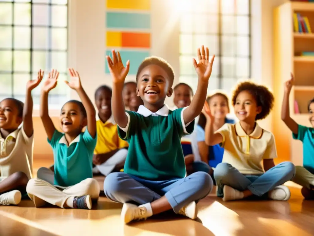 Grupo de niños sonrientes participando activamente en clase, rodeados de coloridos materiales educativos