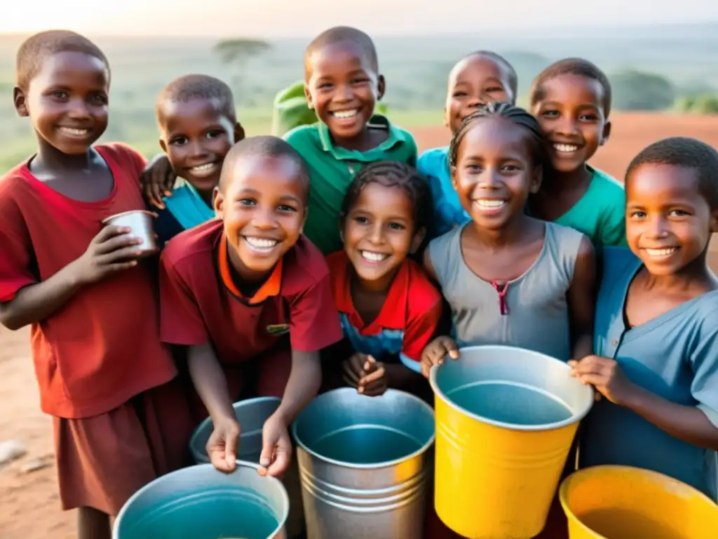 Un grupo de niños sonrientes de una comunidad local en un país en desarrollo, reunidos alrededor de un pozo de agua limpia al atardecer