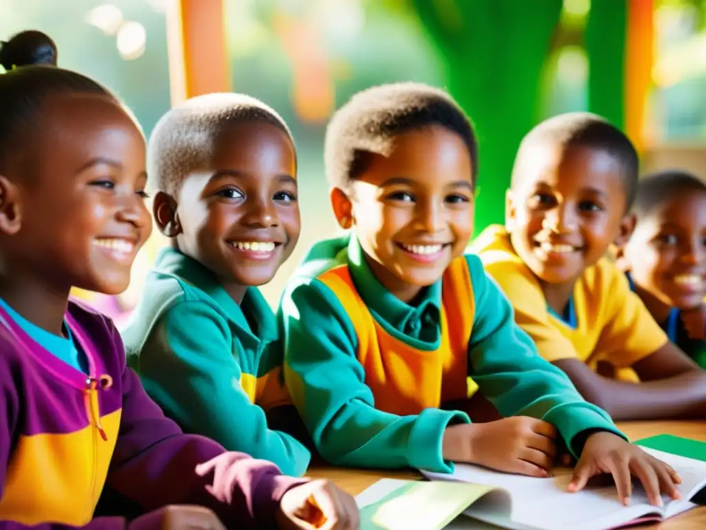 Un grupo de niños sonrientes en una comunidad en desarrollo, rodeados de materiales educativos coloridos, bajo la cálida luz del sol