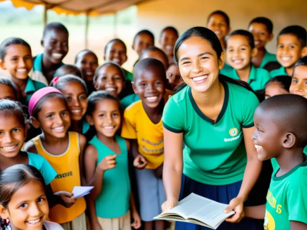 Un grupo de niños sonrientes en una comunidad rural recibe recursos educativos gracias a criptodonaciones para proyectos sociales, mientras participan en actividades de aprendizaje rodeados de voluntarios y maestros