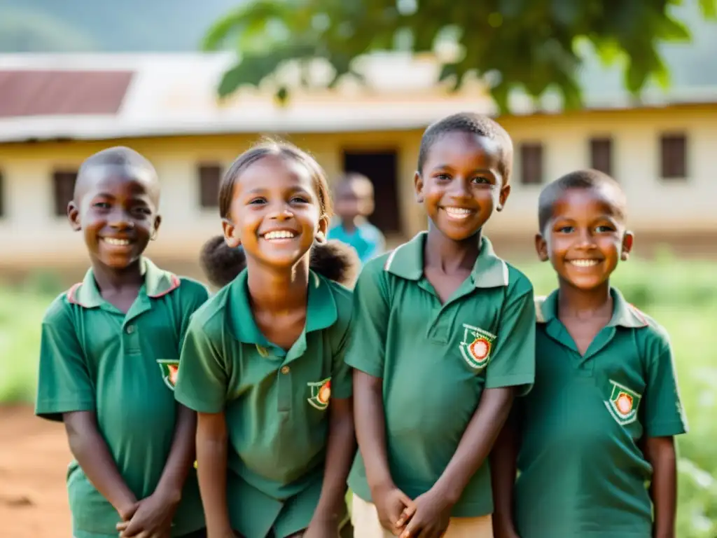 Un grupo de niños sonrientes en una comunidad rural, rodeados de vegetación