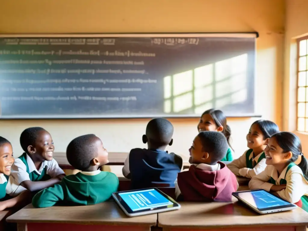 Niños felices aprendiendo con tecnología en escuela rural Grupo de niños sonrientes en escuela rural de ONG, emocionados al aprender con tecnología
