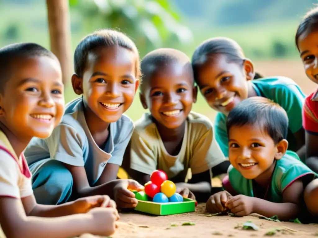 Un grupo de niños sonrientes juegan con juguetes educativos en una aldea rural, bajo la cálida luz del sol