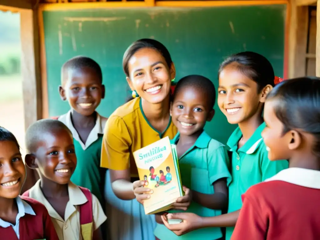 Un grupo de niños sonrientes recibiendo material educativo de una ONG en una comunidad rural