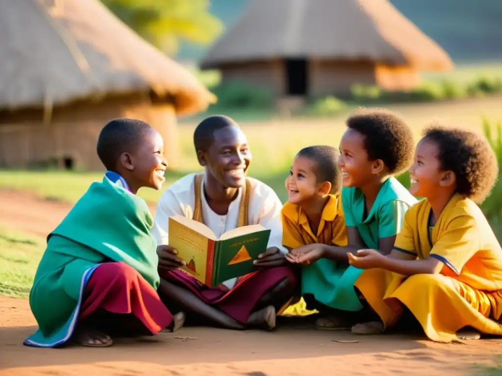 Un grupo de niños sonrientes escucha atentamente a un narrador de cuentos en un pueblo rural al atardecer