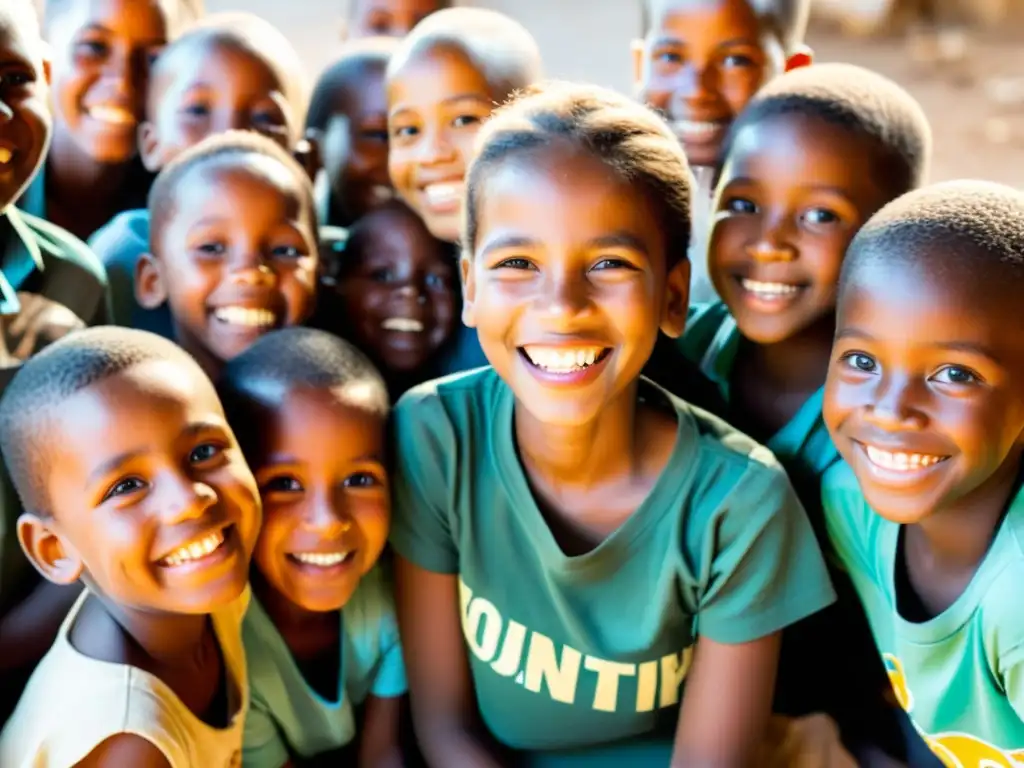 Grupo de niños sonrientes en país en desarrollo recibiendo ayuda de ONG, rodeados de personal y voluntarios, reflejando la fidelización donantes ONG